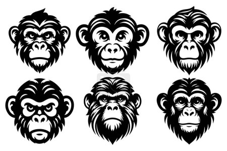 Divertido mono cabeza conjunto silueta vector ilustración. Manojo de cara de mono enojado.