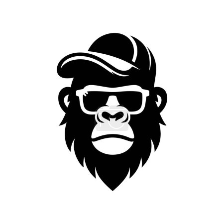 Gorilla mit Mütze und Sonnenbrille. Gorillagesicht auf weißem Hintergrund. Coole Gorilla-Ikone.