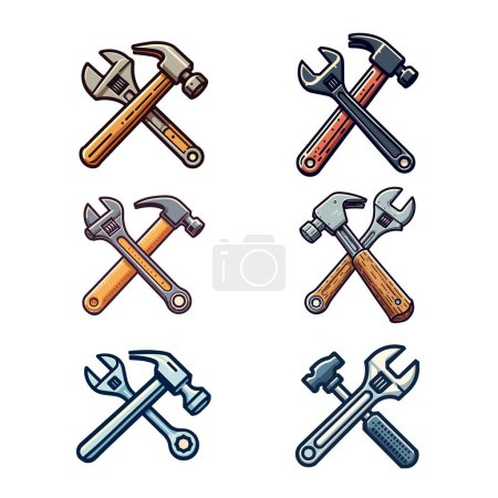 Adjustable wrench and hammer icon set illustration isolated on white background.