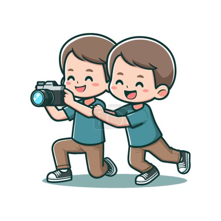 Two boys holding a camera cartoon character sticker.