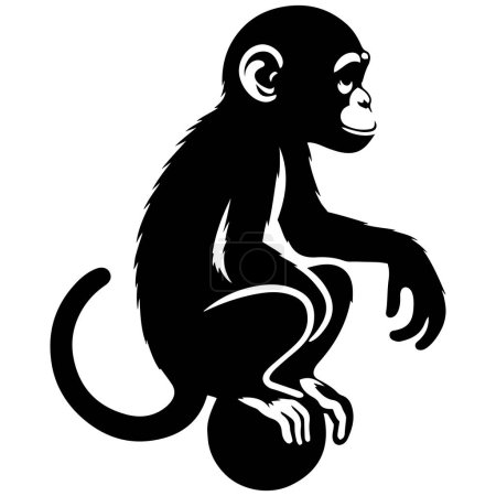 Bonobo mono sentado en la parte superior de una bola silueta vector ilustración.