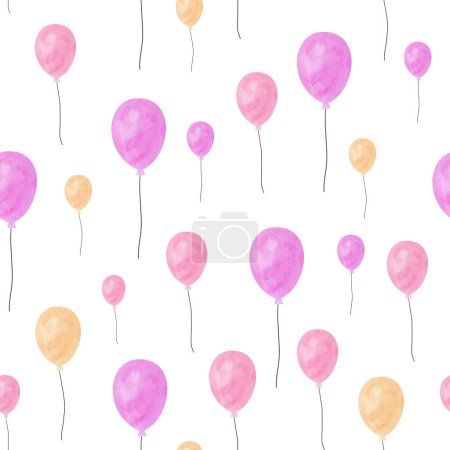 seamless pattern of watercolor pastel pink, yellow and purple balloons. Illustration for birthday backgrounds, wrapping paper, textile.