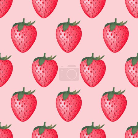 Photo for Watercolor red strawberries seamless pattern on pink background. Design for textile, fabric, wrapping paper.design scrap book paper, invitations and other. - Royalty Free Image