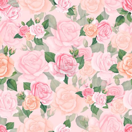 watercolor seamless pattern with pink peach pastel roses and leaves. Floral illustration for wrapping paper, textile, print, fabric.