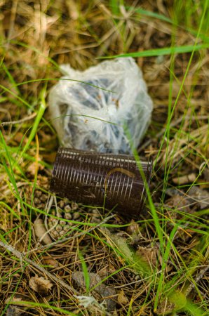 Plastic cup and rubbish in the forest. . Ecological catastrophe. . High quality photo