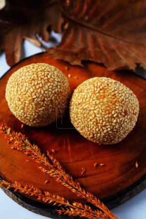 Onde onde, one of the most famous traditional snacks in Indonesia, is in the form of sesame balls filled with green beans in Semarang, Indonesia on March 27, 2021.