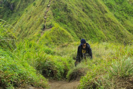 Téléchargez les photos : Magelang, Indonésie - 24 février 2020 : les grimpeurs montent au sommet à travers un sentier de randonnée entre les mauvaises herbes sur le bord de la gorge du mont Andong Magelang, Indonésie le 24 février 2020. - en image libre de droit