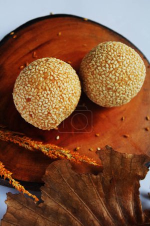 Onde onde, one of the most famous traditional snacks in Indonesia, is in the form of sesame balls filled with green beans in Semarang, Indonesia on March 27, 2021.