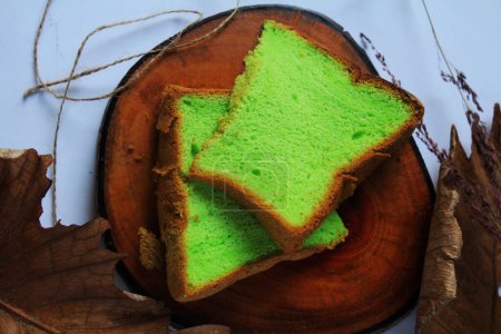 Bolu Pandan is a snack that resembles a light and soft textured foam scented with pandan leaves in Semarang, Indonesia on March 27, 2021.