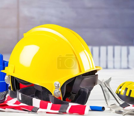 Happy labor day concept helmet mane and working tools background 