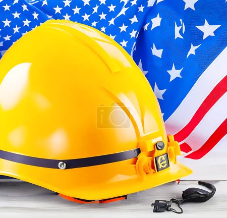 Happy labor day concept helmet mane and working tools background 