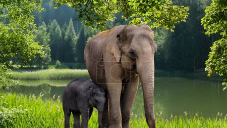 Mother elephant and calf wander through lush green forest.