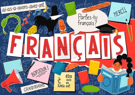 Ilustración de Francais logo lettering, enseñanza de idiomas tema doodle illustration - Imagen libre de derechos