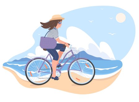 Téléchargez les illustrations : Femme à vélo sur une plage de sable, illustration - en licence libre de droit
