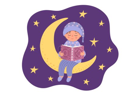 Téléchargez les illustrations : C'est l'heure du coucher. mignon petit garçon lit livre. - en licence libre de droit