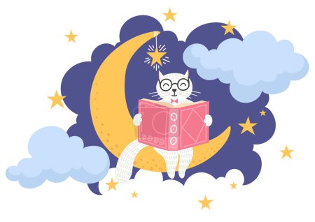 Ilustración de Lectura de la cama. Lindo gato leyendo libro en la luna. - Imagen libre de derechos