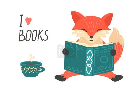 Ich liebe Buch. Niedlicher kleiner Fuchs liest Buch und trinkt Tee.