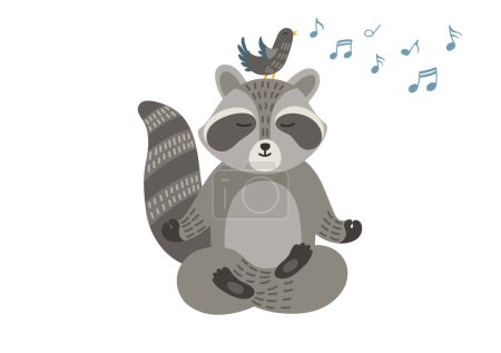 Ilustración de Racoon meditando en yoga posan con pájaro cantando en el oído. - Imagen libre de derechos