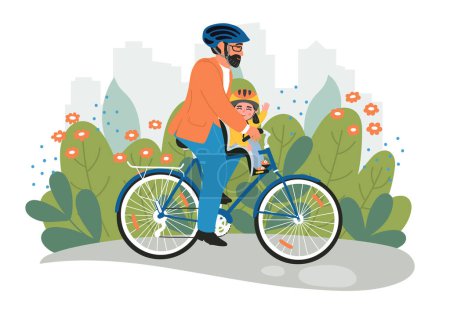 Téléchargez les illustrations : Homme avec enfant casques sur vélo en été - en licence libre de droit