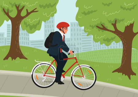 Ilustración de Empresario en paseos en casco en bicicleta al trabajo - Imagen libre de derechos