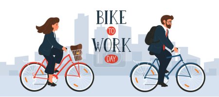 Téléchargez les illustrations : Journée vélo-travail. Femme et homme en vêtements formels vélo d'équitation dans la ville. - en licence libre de droit