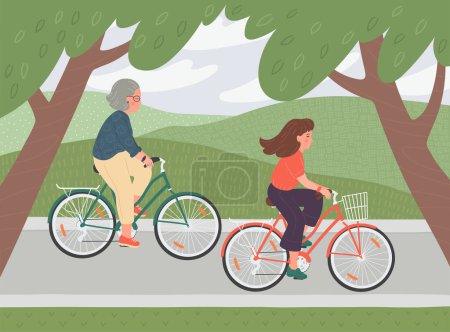 Téléchargez les illustrations : Femme âgée et jeune femme font du vélo sous les arbres. - en licence libre de droit