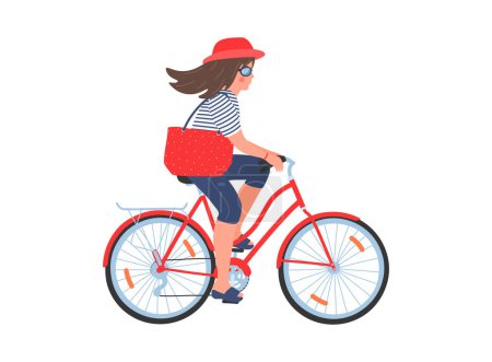 Téléchargez les illustrations : Femme à vélo en vêtements d'été sur fond blanc. - en licence libre de droit