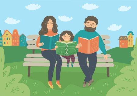 Illustration for Family reading books on the bench outside. - Royalty Free Image