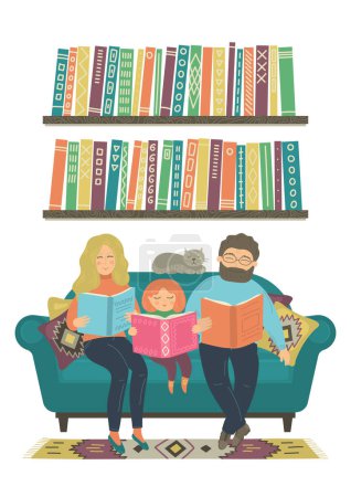 Illustration for Happy family reading book on sofa. Vertical composition. - Royalty Free Image