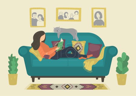 Illustration for Woman reads book resting on sofa with cat - Royalty Free Image