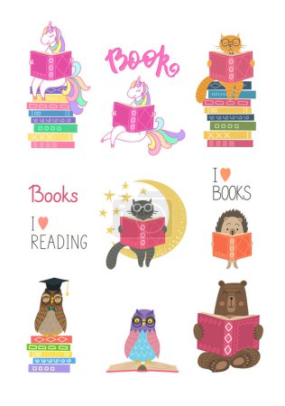 Set of animals with books on white background