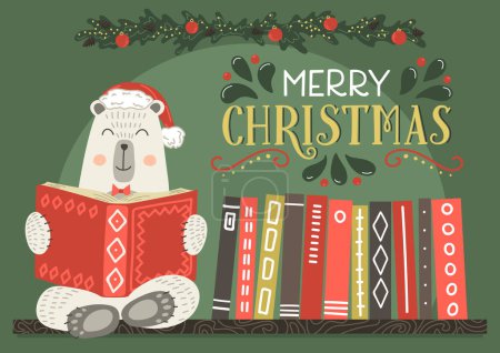 Téléchargez les illustrations : Joyeux voeux de Noël. Ours blanc fantaisie dans le livre de lecture chapeau de Noël. - en licence libre de droit