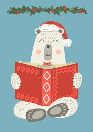 Téléchargez les illustrations : Ours blanc fantaisie dans le livre de lecture chapeau de Noël. - en licence libre de droit