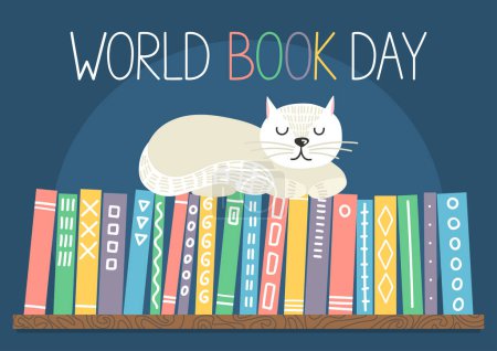 Téléchargez les illustrations : Chat mignon dormant sur l'étagère avec texte manuscrit Journée mondiale du livre - en licence libre de droit