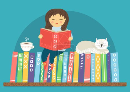 Illustration for Girl reading book on bookshelf - Royalty Free Image