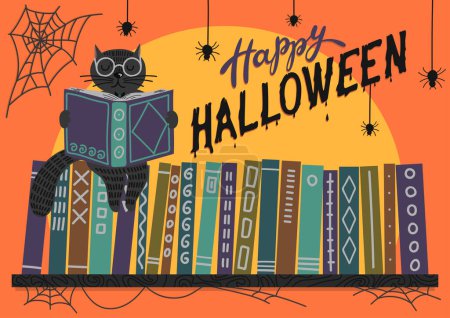 Ilustración de Feliz Halloween. Libro de lectura de gato negro en la estantería con letras. - Imagen libre de derechos