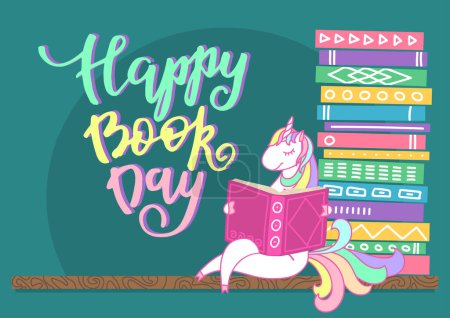 Téléchargez les illustrations : Joyeuse journée du livre. Licorne lecture sur étagère. - en licence libre de droit