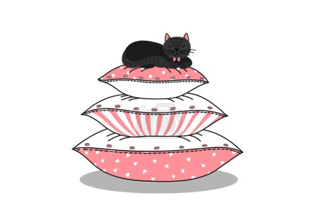 Téléchargez les illustrations : Chat noir posé sur des oreillers - en licence libre de droit