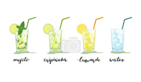 Ilustración de Conjunto de bebidas de verano. Agua, limonada, caipirinha, mojito. - Imagen libre de derechos