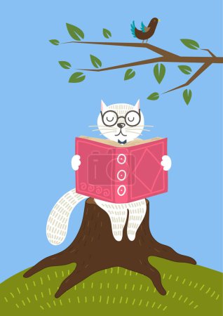 Téléchargez les illustrations : Livre de lecture de chat sous l'arbre. - en licence libre de droit