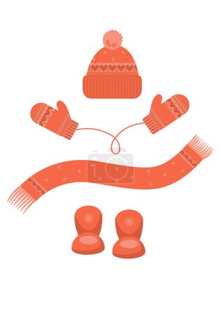 Illustration for Warm winter accessories. Mittens, hat, scarf and boots. - Royalty Free Image