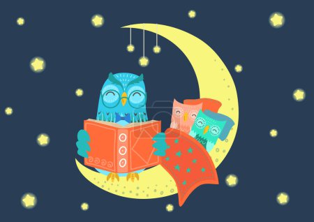 Illustration for Cute owl reading book to owlets at night. Children bedtime story. Parenting. - Royalty Free Image