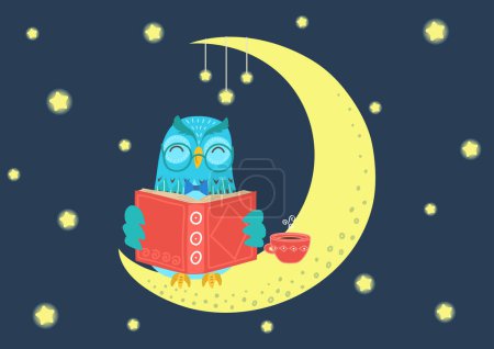 Adorable owl reading book at night. Children bedtime story. 