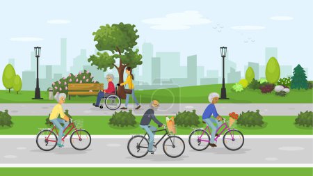 Téléchargez les illustrations : Aînés à vélo dans le parc de la ville - en licence libre de droit