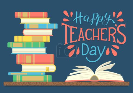 Happy Teacher's Day. Handgezeichnete Texttafel und Stapel von Büchern