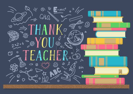 Illustration for Thank You Teacher. Hand drawn text with doodle on blackboard next to the stack of books. - Royalty Free Image
