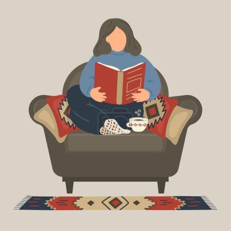 Photo for Woman reading book on armchair at home. - Royalty Free Image