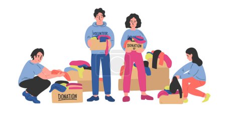 Ilustración de Donación de ropa. Grupo de voluntarios ordena ropa en cajas de cartón. - Imagen libre de derechos