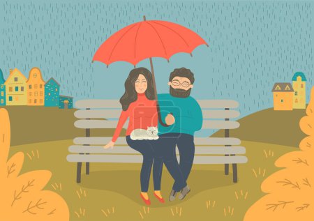 Illustration for Wet weather. Couple with umbrella sitting on bench in the rain. - Royalty Free Image
