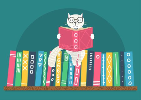 Téléchargez les illustrations : Adorable livre de lecture de chat sur l'étagère - en licence libre de droit